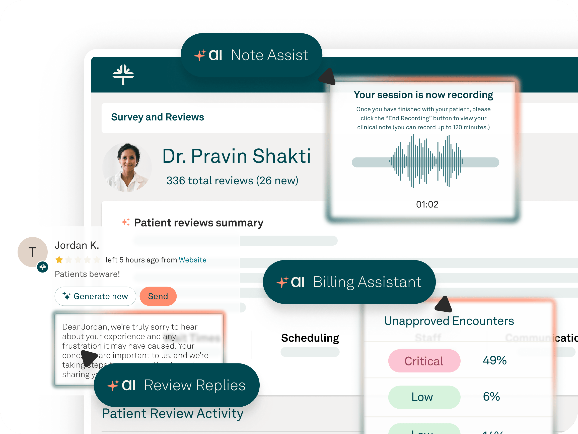 Tebra AI and automation product interface with automated workflow panels.