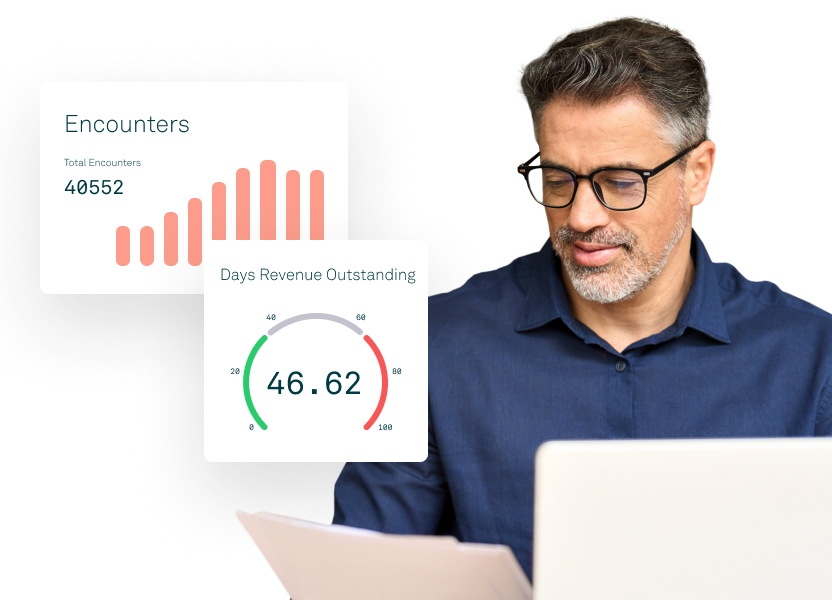 Healthcare billing specialist reviewing revenue reports with a digital insurance A/R dashboard.