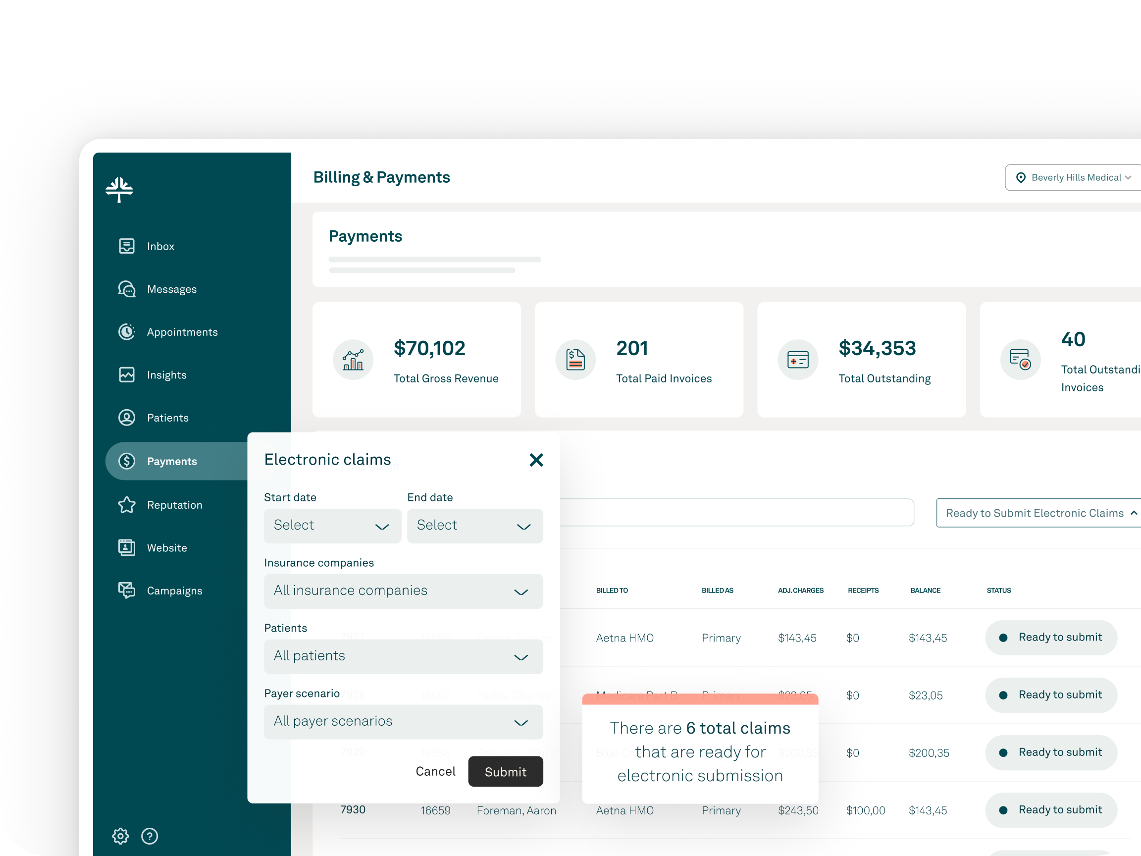 Tebra billing and payments product interface with claims and payment panels.
