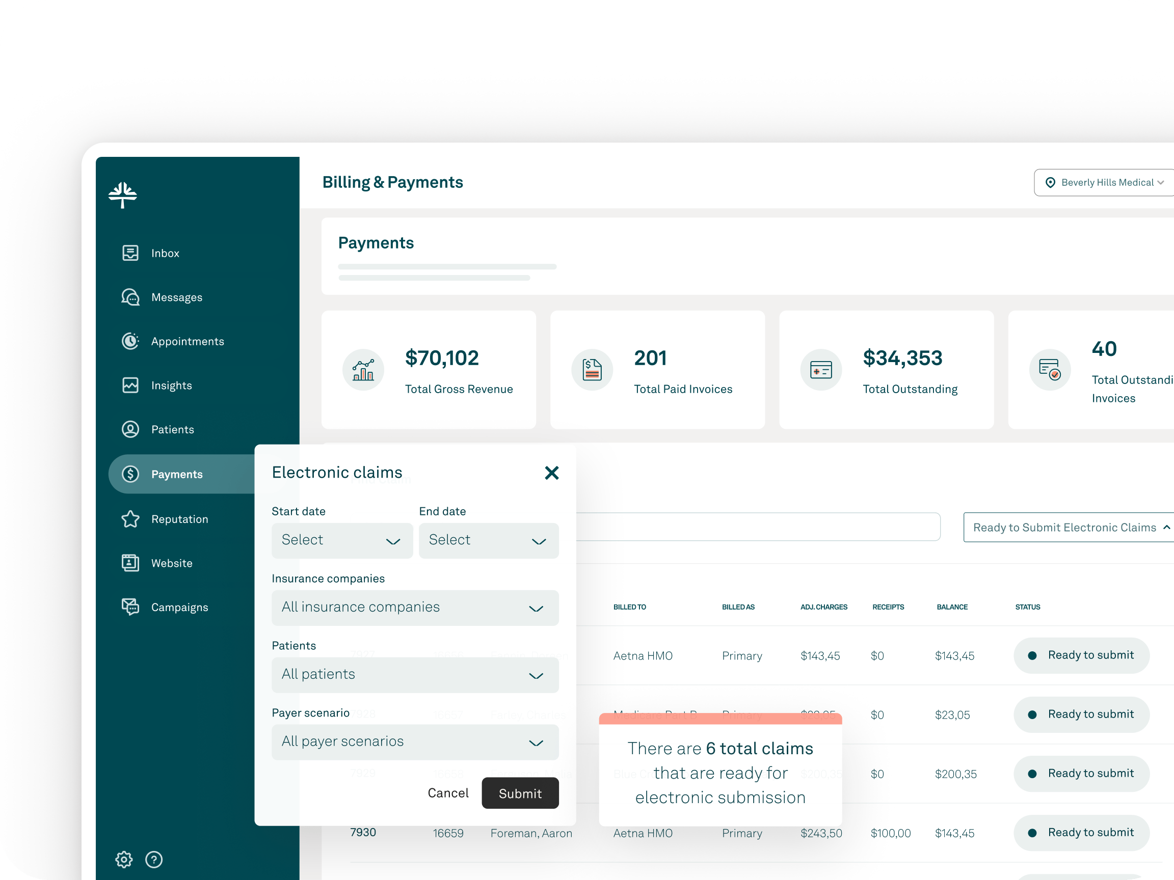Tebra billing and payments product interface with claims and payment panels.