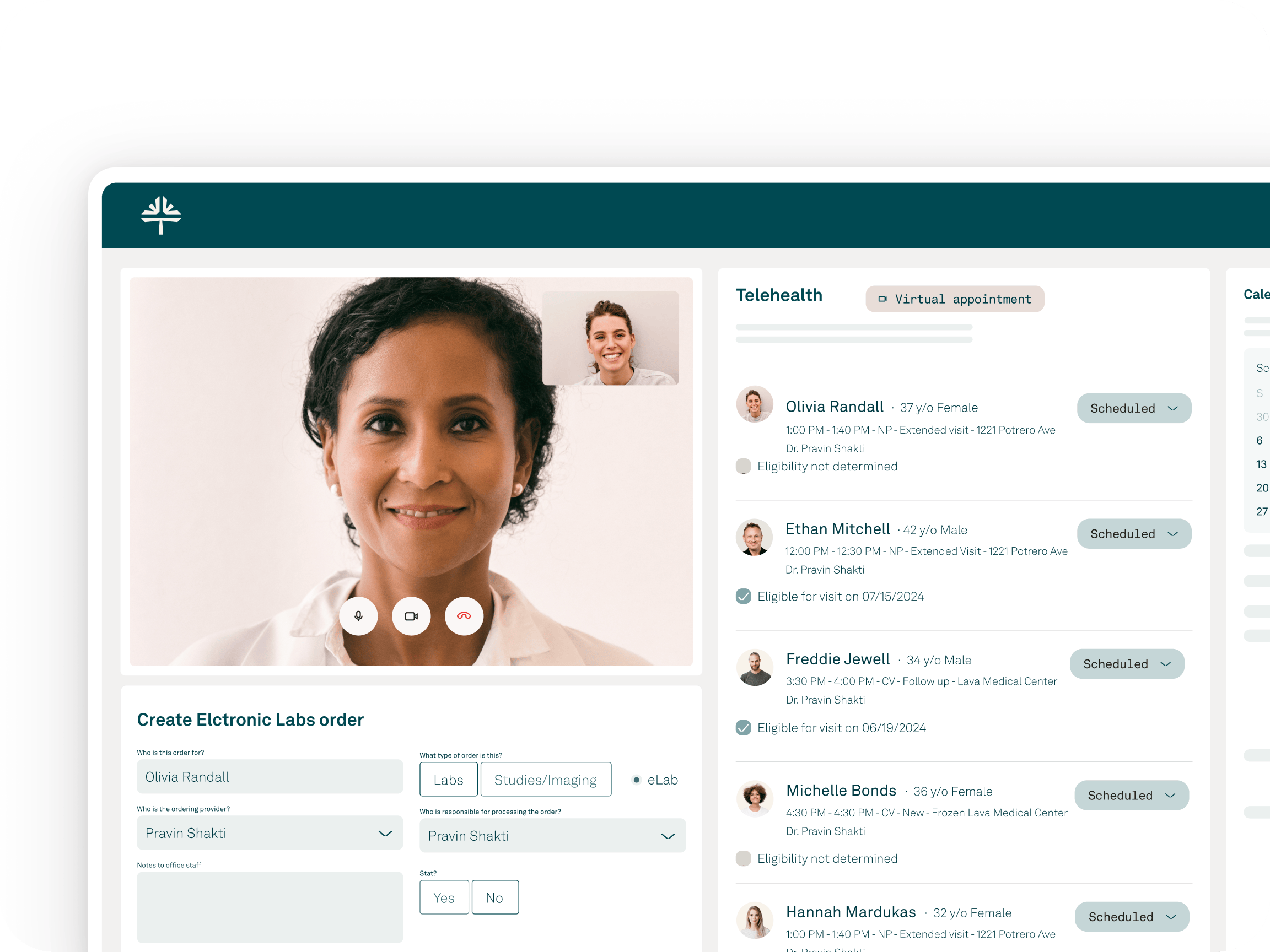 Tebra EHR product interface with floating patient and performance stats.