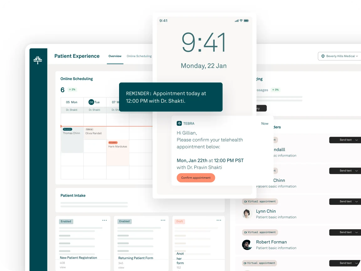 Tebra patient experience product interface with scheduling and communication panels.