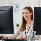 Medical biller working at dual monitors in office