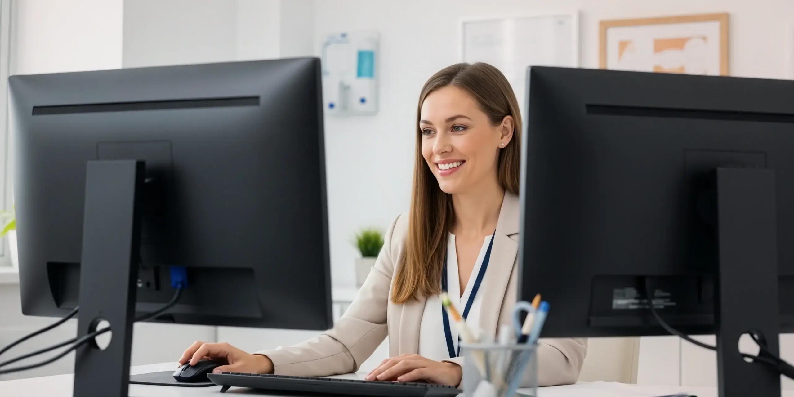 Medical biller working at dual monitors in office