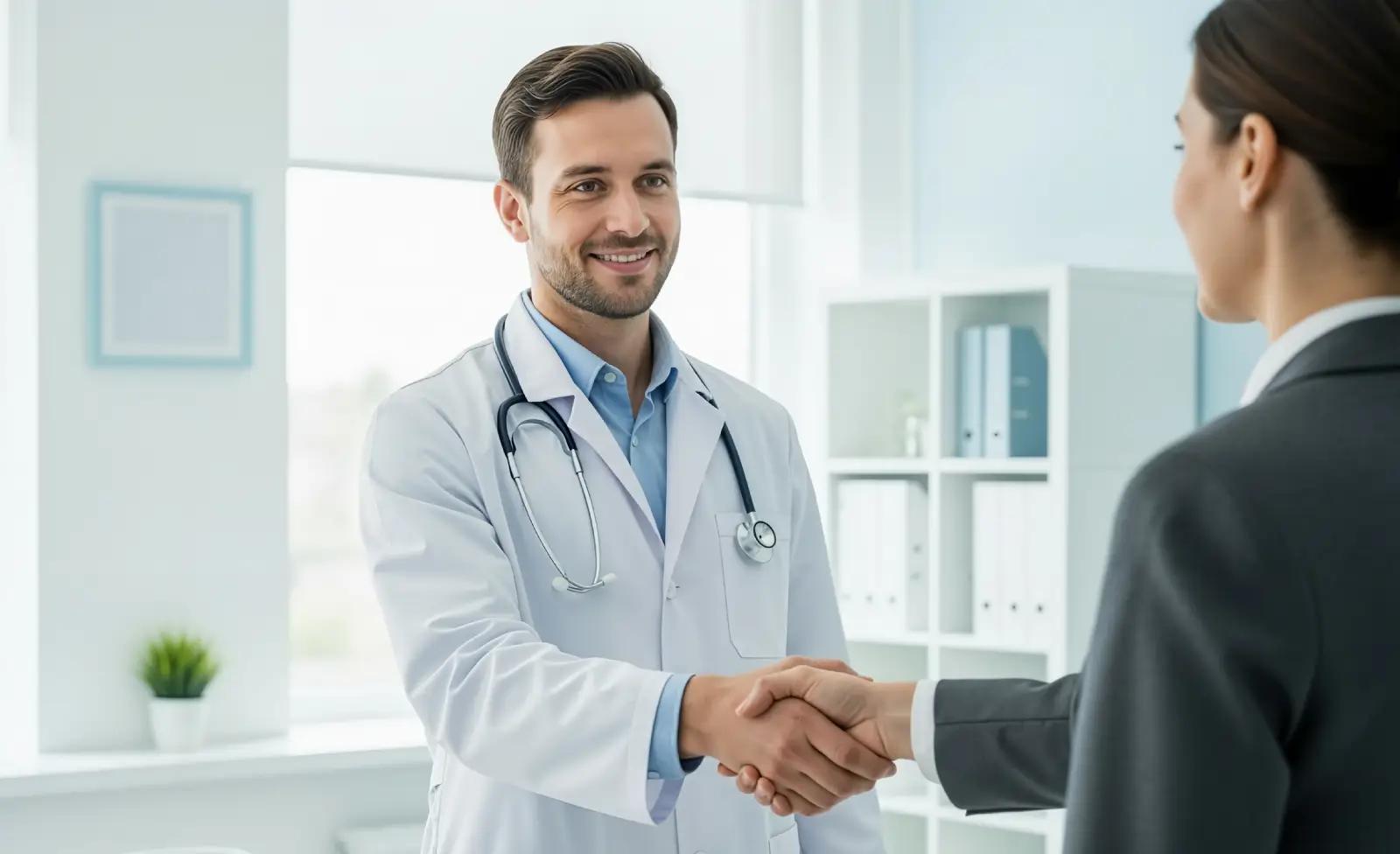 Doctor shaking hands with business professional in office