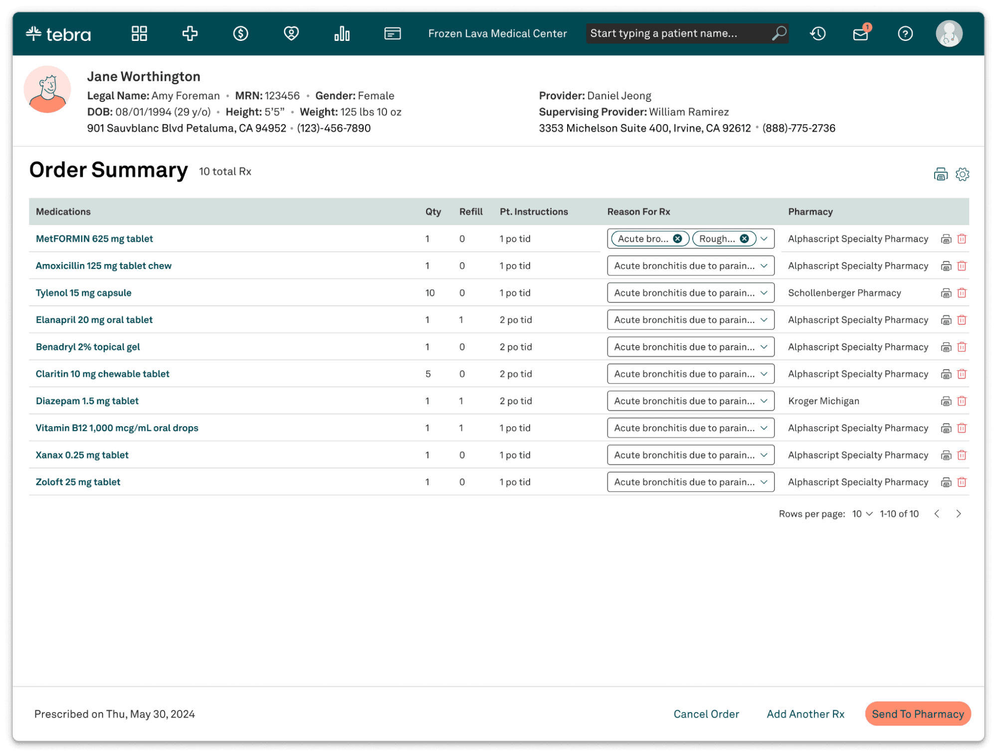 A screenshot of Tebra's e-prescribing software order summary page