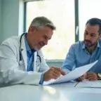 A male doctor in a white coat discusses paperwork with a male patient at a desk, both appearing engaged and focused. Natural light streams through the window behind them, creating a bright and calm setting.