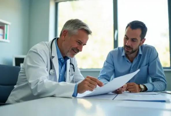 A male doctor in a white coat discusses paperwork with a male patient at a desk, both appearing engaged and focused. Natural light streams through the window behind them, creating a bright and calm setting.