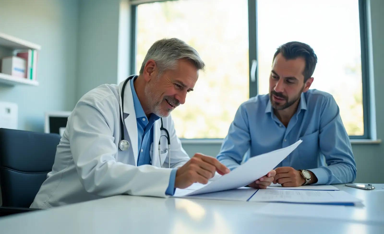 A male doctor in a white coat discusses paperwork with a male patient at a desk, both appearing engaged and focused. Natural light streams through the window behind them, creating a bright and calm setting.