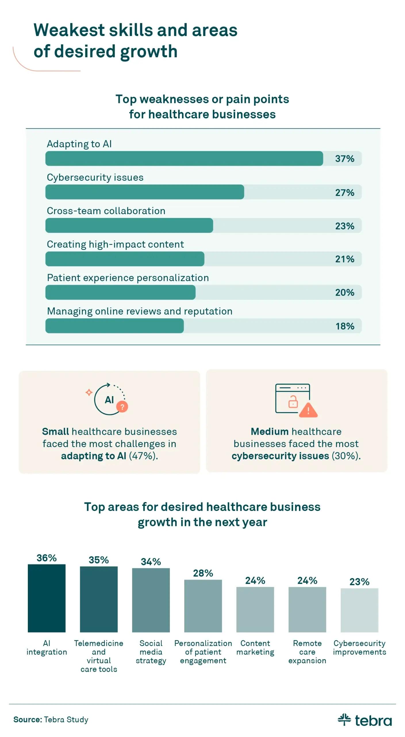 chart detailing the top weaknesses or pain points for healthcare businesses as well as areas for growth within the next year