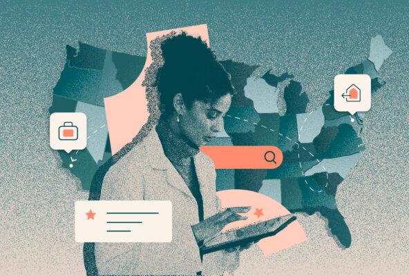 Graphic depicting therapist, map, and moving your counseling practice to another state