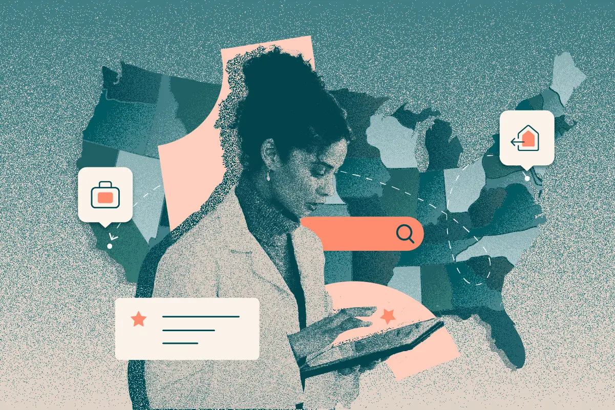 Graphic depicting therapist, map, and moving your counseling practice to another state