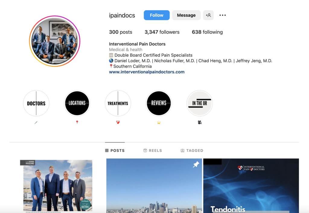Screenshot of the Instagram account for Interventional Pain Doctors, a large pain management practice.
