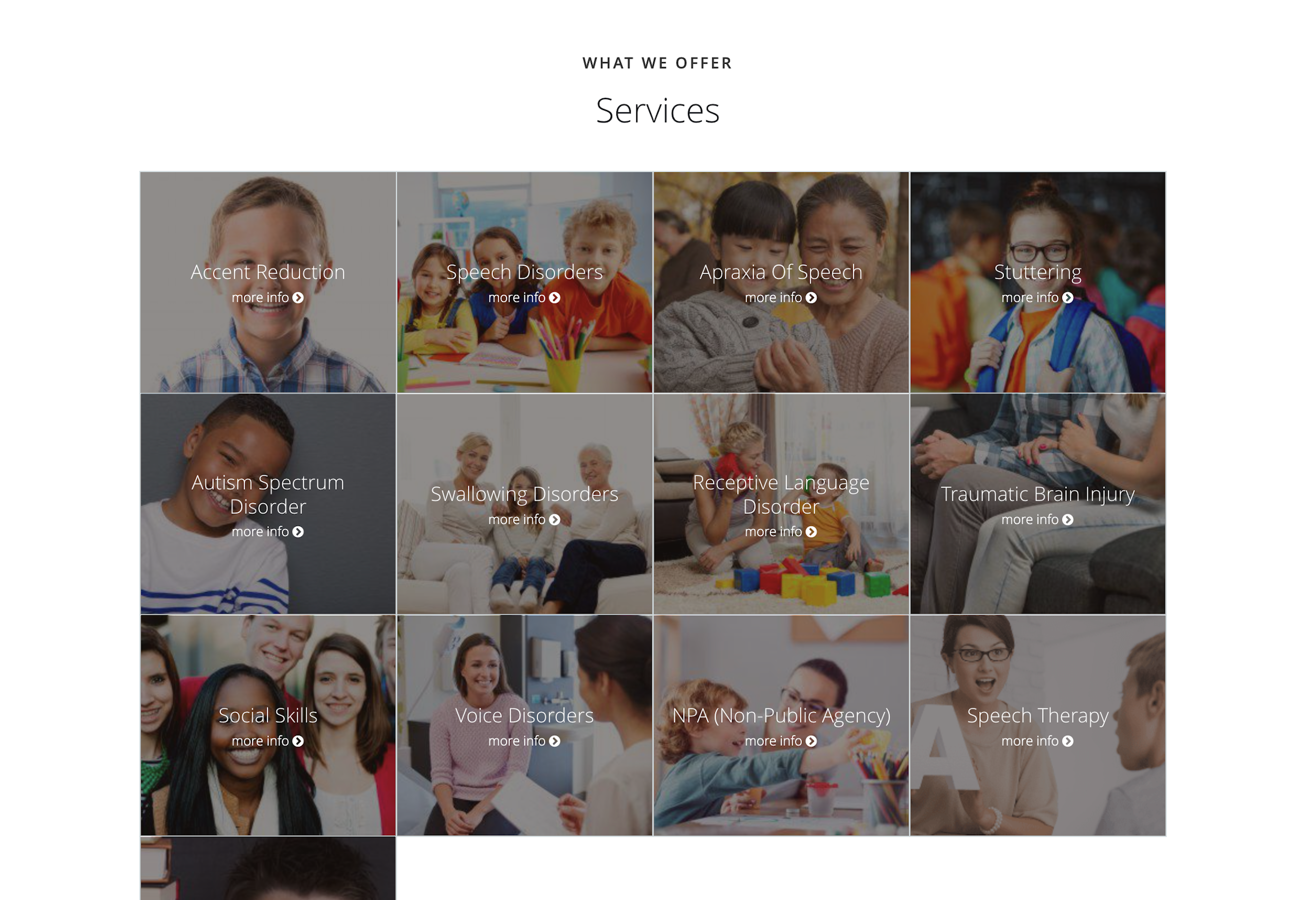Celebrations Speech Group's services page as a medical practice design example