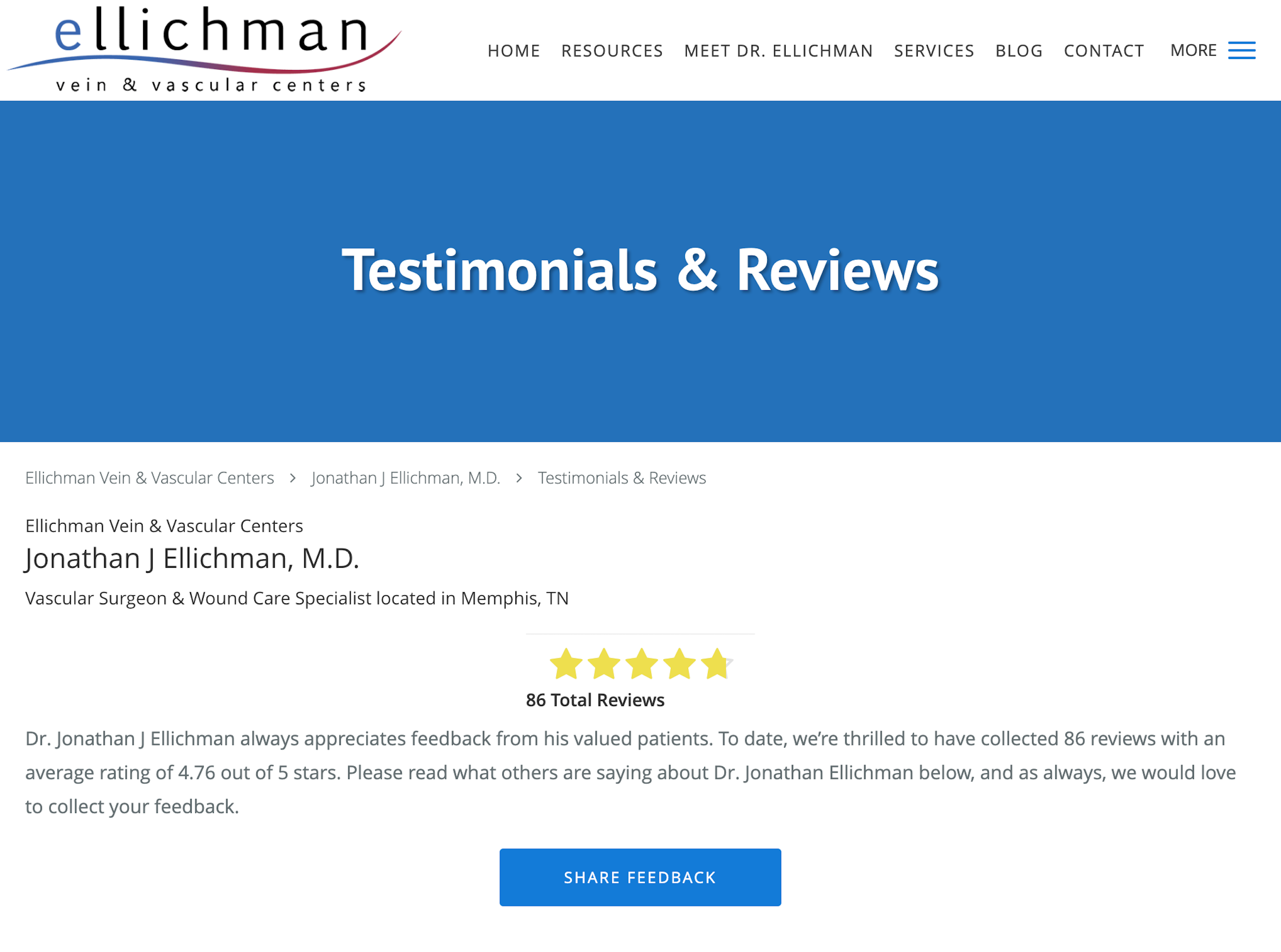 Ellichman's testimonials page screenshot as a medical practice design example