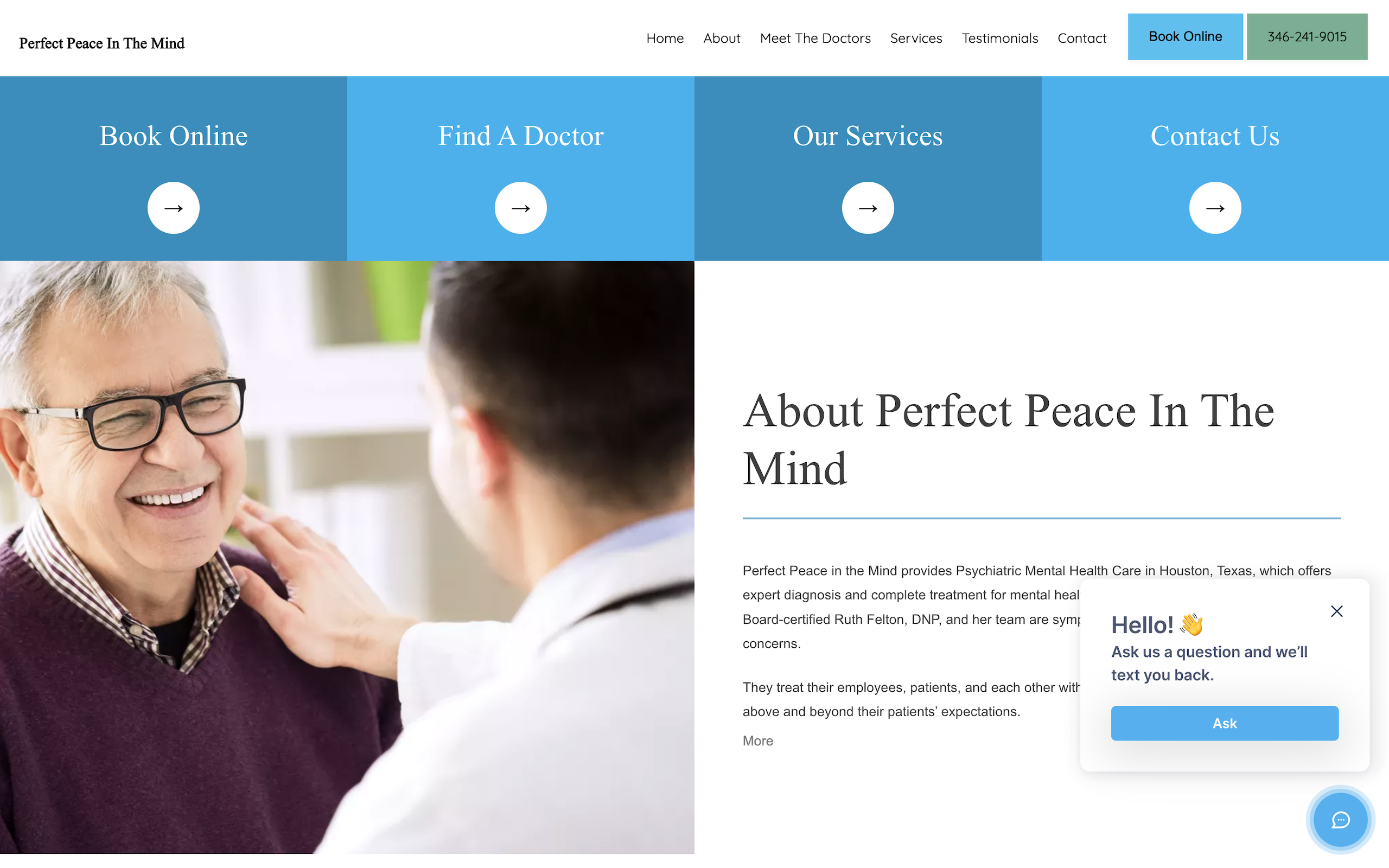 Perfect Peace in the Mind medical practice design example that shows a chatbot