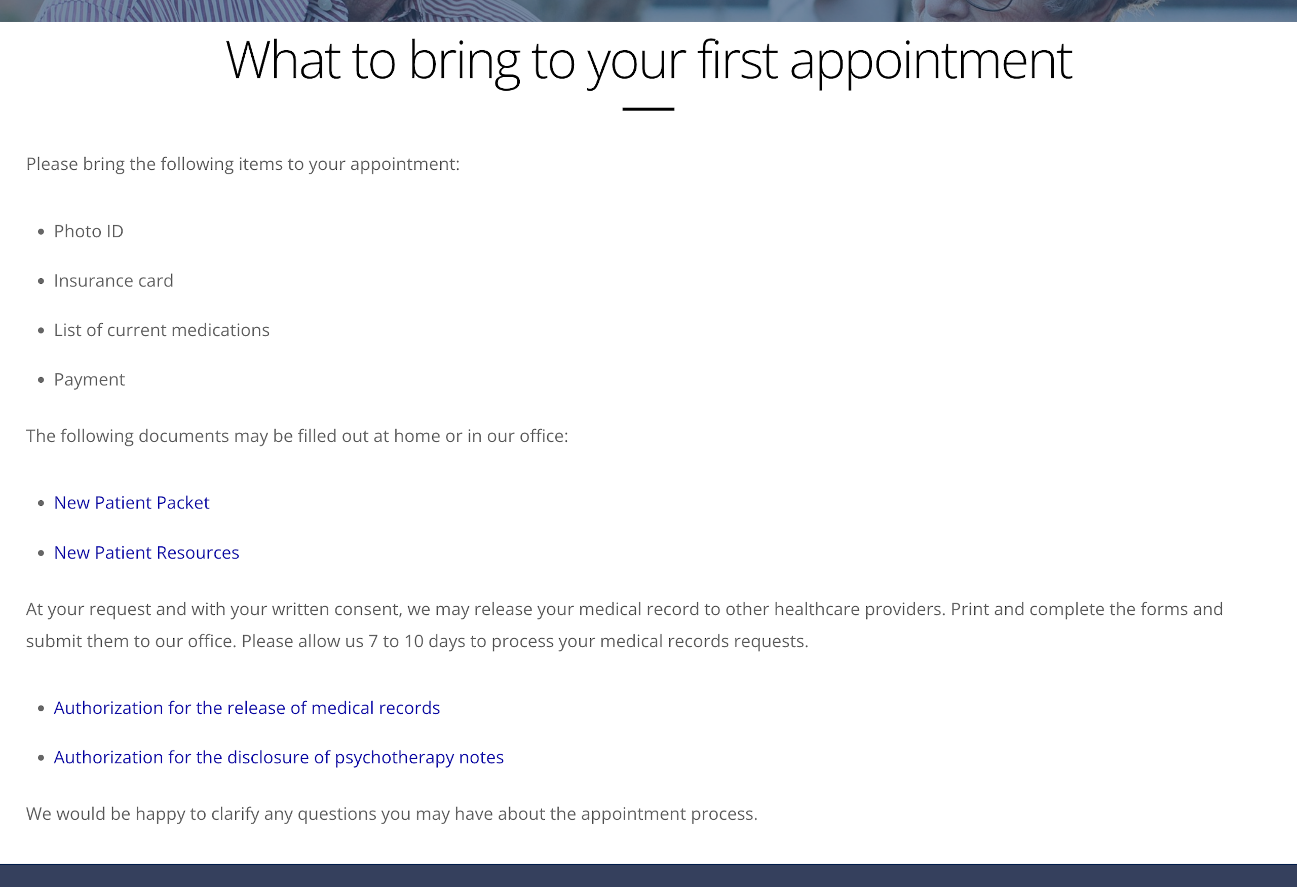 Vogelfanger and Struble Clinic's list for patients of what to bring to their first appointment